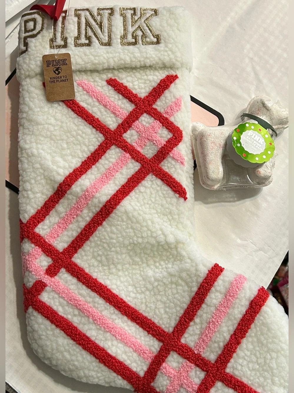 PINK Victoria's Secret White Sherpa Stocking and VS PINK BATH BOMB